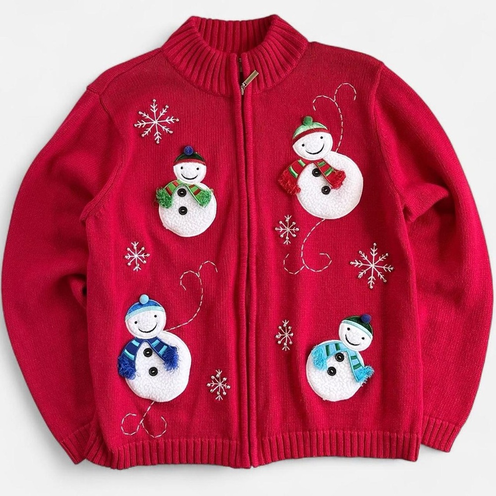 Vintage Classic Elements Christmas Red Zippered Cardigan W/ Embroidered Snowmen